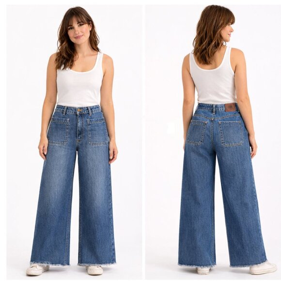Frye Denim - FRYE Wide Leg Jeans Raw Hem Blue Denim High Rise Patch Pockets Size 25